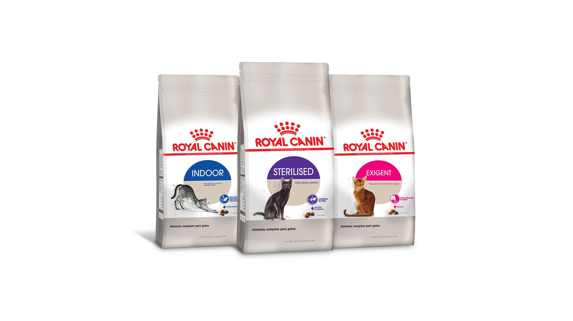 Feline health nutrition pack shot with black and white cat lying down