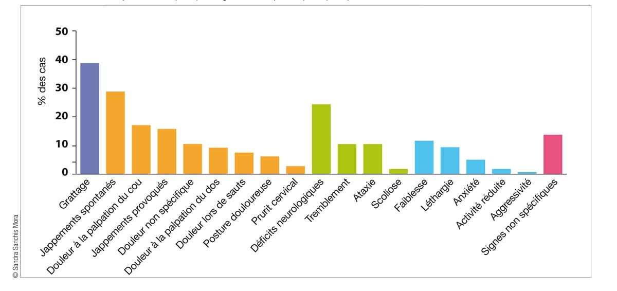 Diagramme présentant les signes cliniques chez des chiens atteints de MC/SM présentés en clientèle vétérinaire généraliste, classés par catégorie : grattage (mauve), douleur (orange), signes neurologiques (vert), modifications du comportement (bleu) et signes non spécifiques (rose).