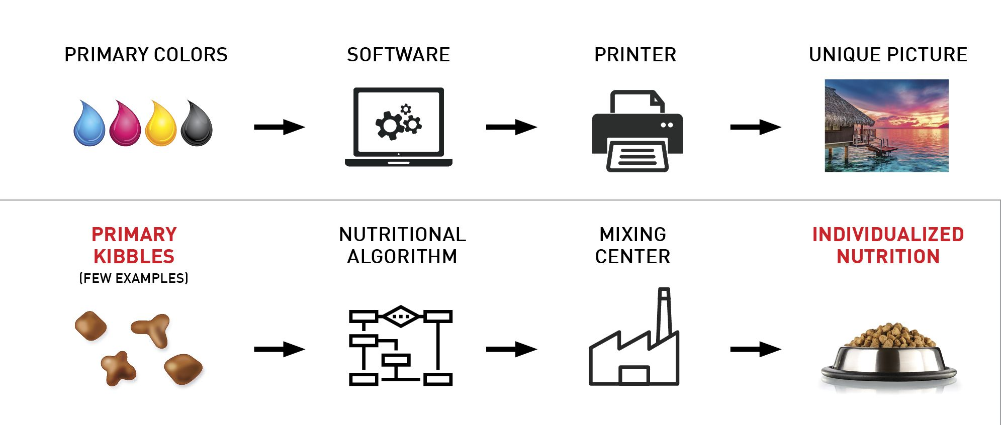 The concept of producing a specific diet for an individual animal can be compared to the way a printer uses basic colors to build a full-color image