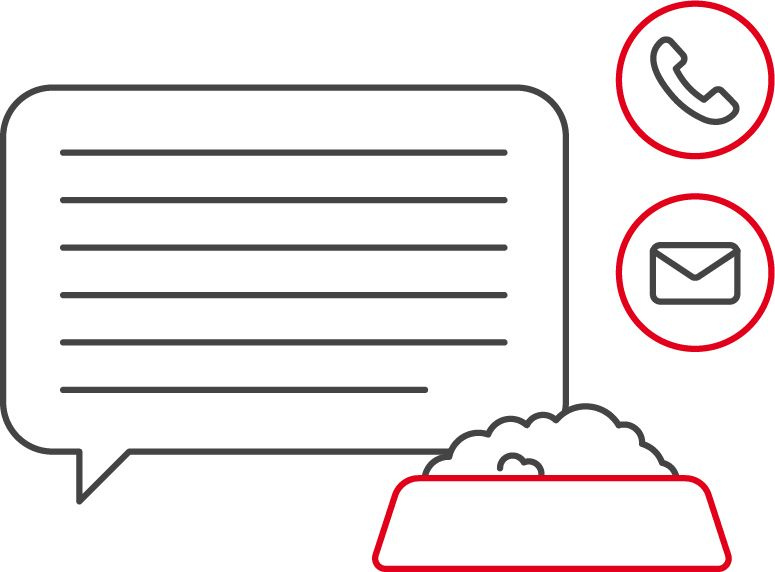 Afbeelding van een tekstballon, voerbak voor huisdieren, telefoon en e-mailpictogram
