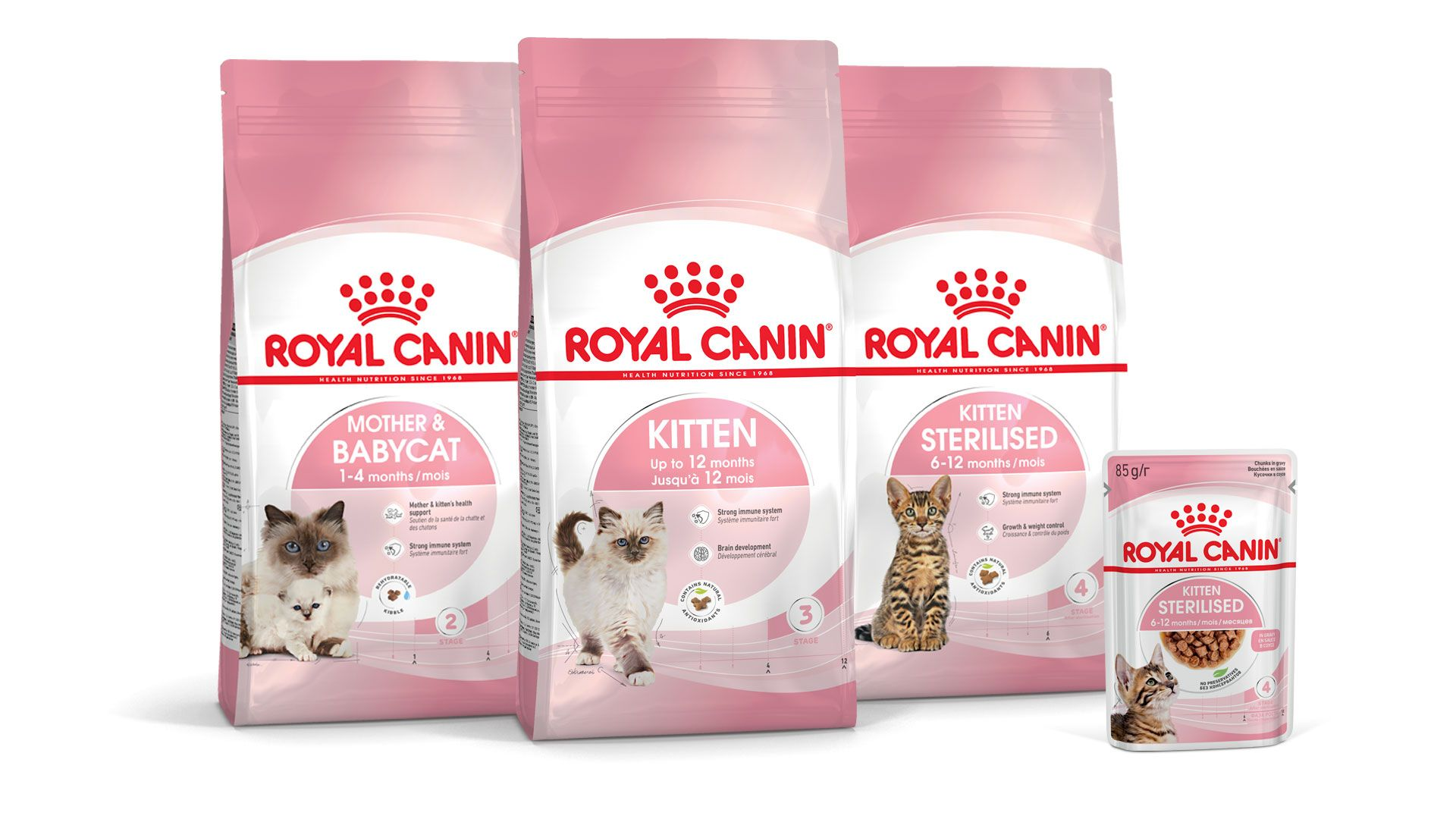 Packshots van het Royal Canin kittenvoeding assortiment