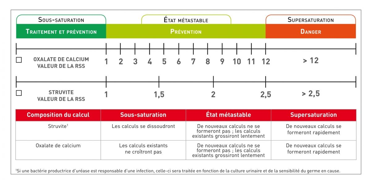 Figure 2. Au sein de chacune des zones de RSS, la probabilité de formation de calculs est différente, comme cela est montré ici. Le tableau résume la situation pour les cristaux de struvite et d’oxalate de calcium.