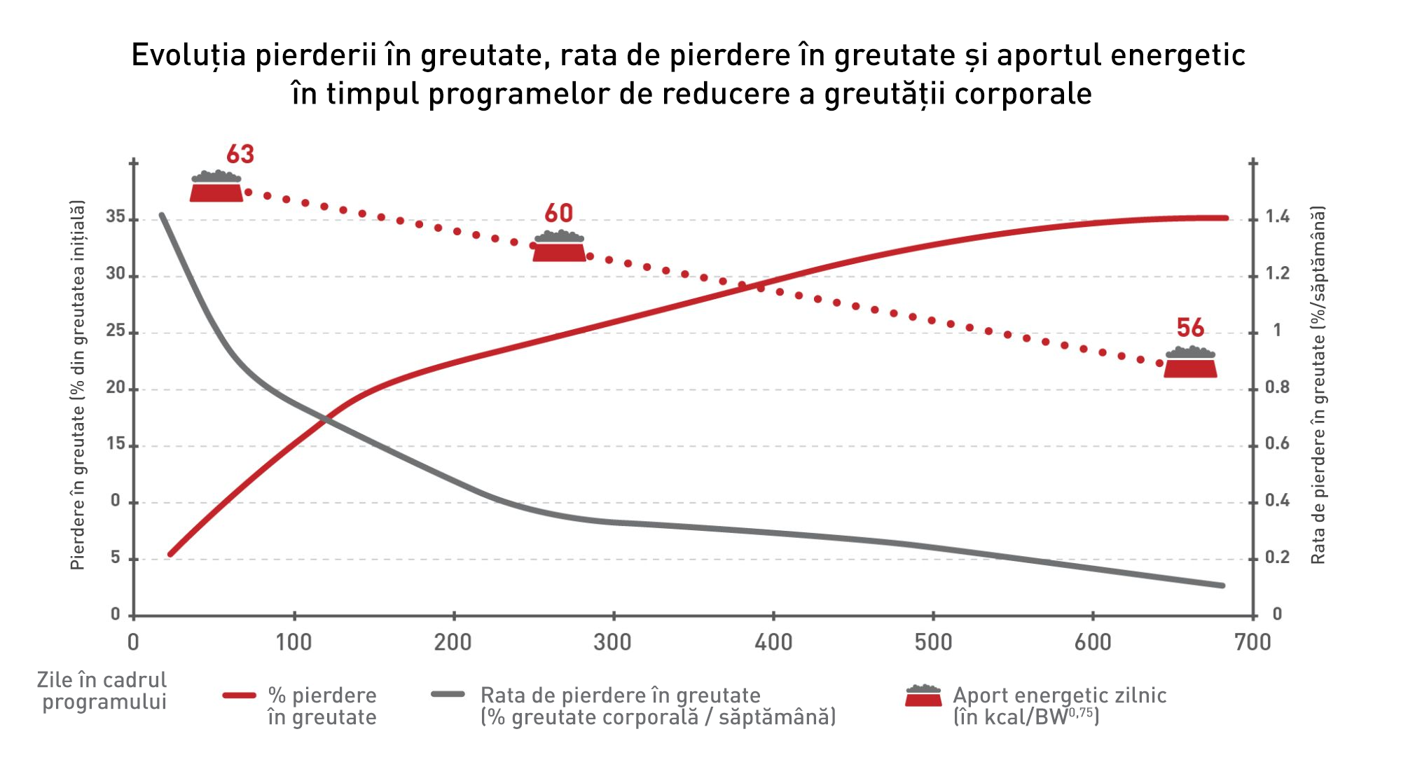Cea mai pronunțată reducere a greutății corporale la câini se observă în primele aproximativ 12 săptămâni de la începerea unui program de gestionare a greutății corporale. 