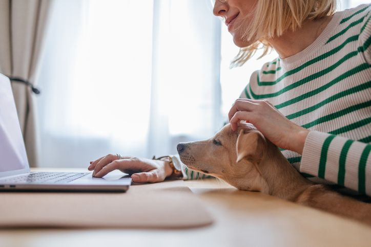 woman and a dog with laptop on a desk