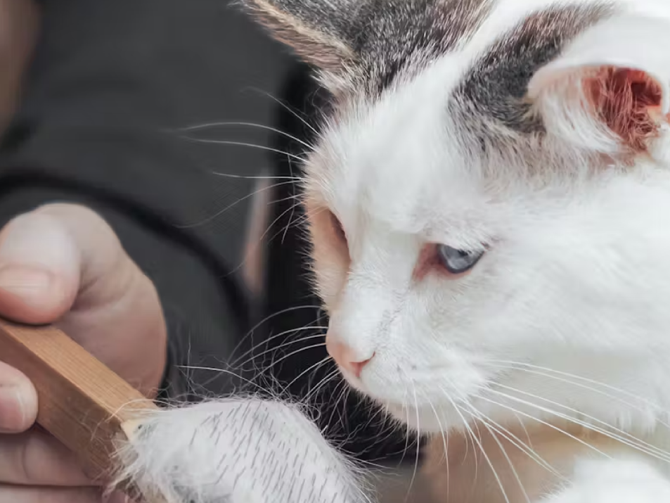 Chat adulte couché en train de regarder une brosse de toilettage avec des poils blancs dessus.