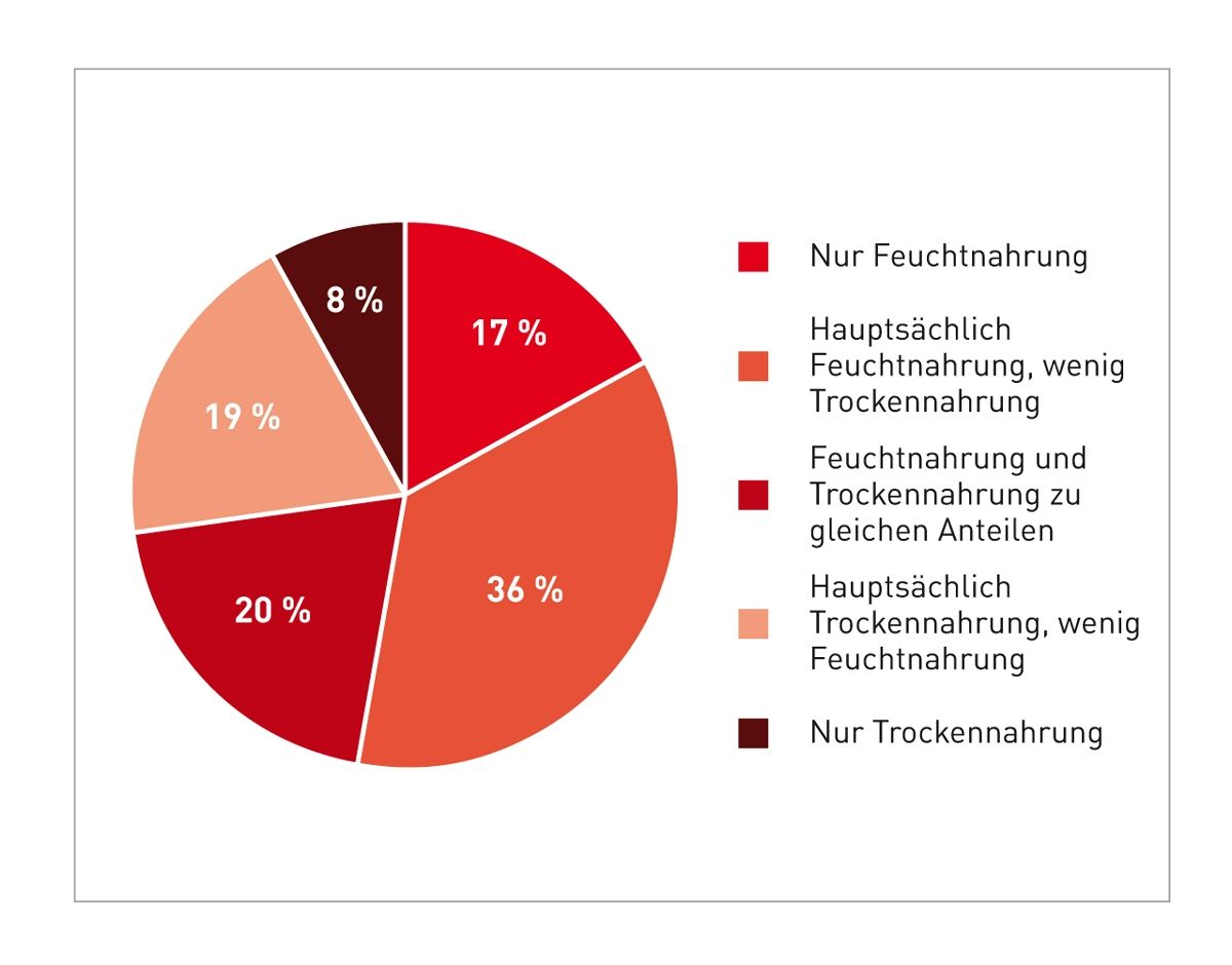 Die Katzen in der Umfrage wurden mit unterschiedlichen Mengen von Feucht- und Trockennahrung gefüttert. Feuchtnahrung umfasst kommerzielle Produkte und selbst hergestellte Futtermittel.