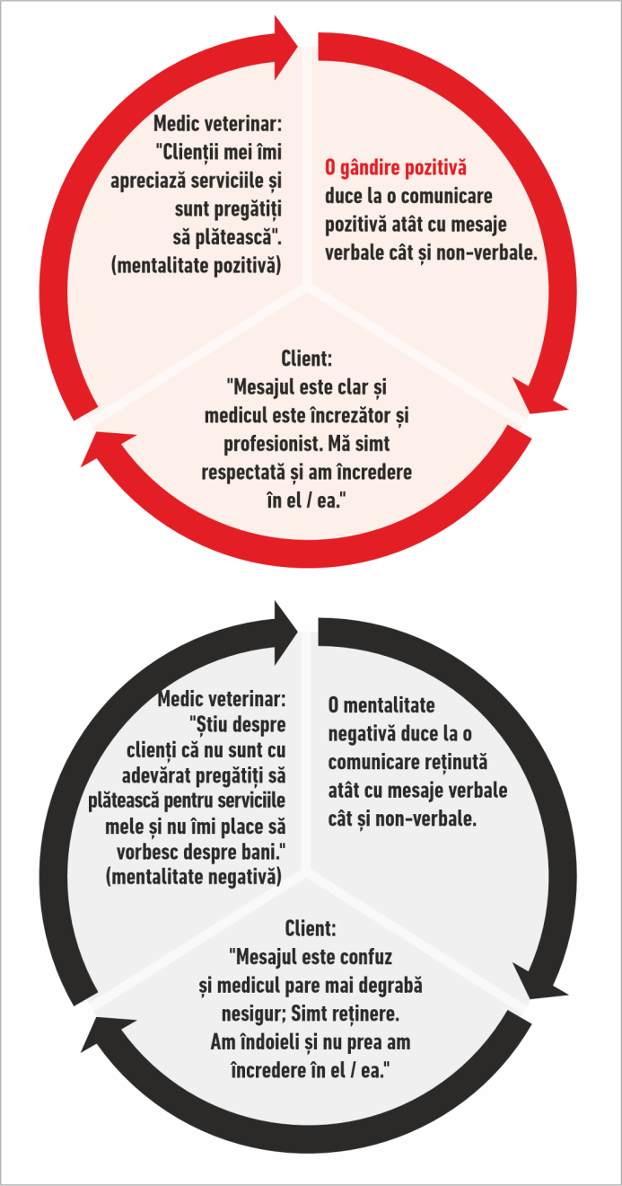 Efectele unei mentalități pozitive (cerc roșu) și negative (cerc negru) în timpul comunicării cu clientul. 