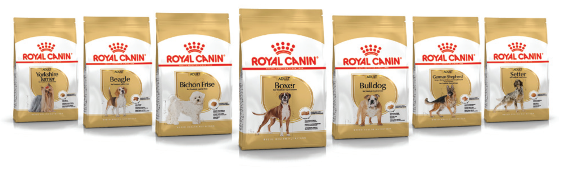 Ein Produktfoto von ROYAL CANIN Nahrungen für verschiedene Hunderassen 