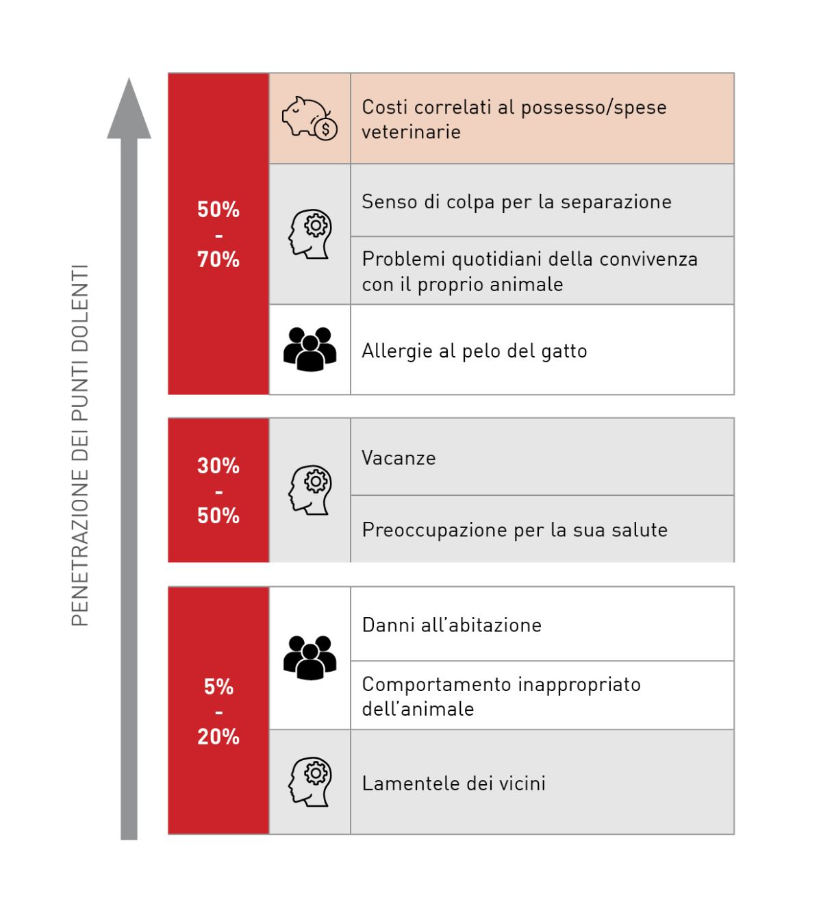 I punti dolenti principali citati dai proprietari, quantificati per categoria