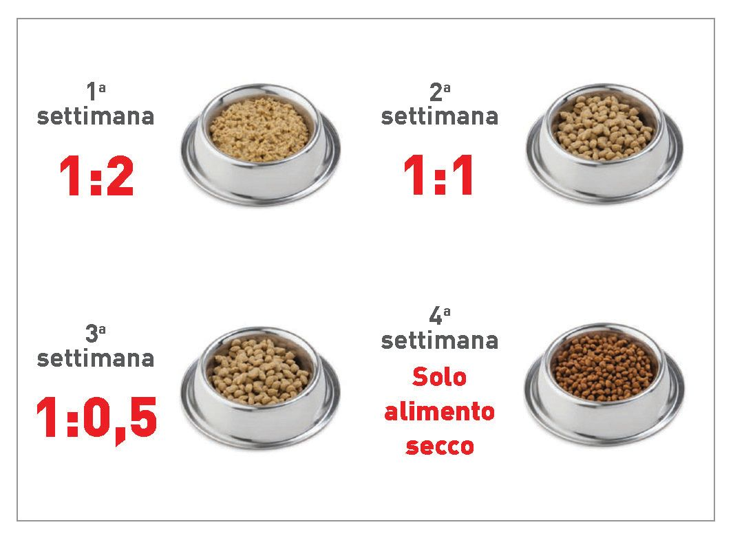 L’immagine mostra il rapporto tra acqua e crocchette che va utilizzato (in volume, non in peso) per reidratare gli alimenti secchi