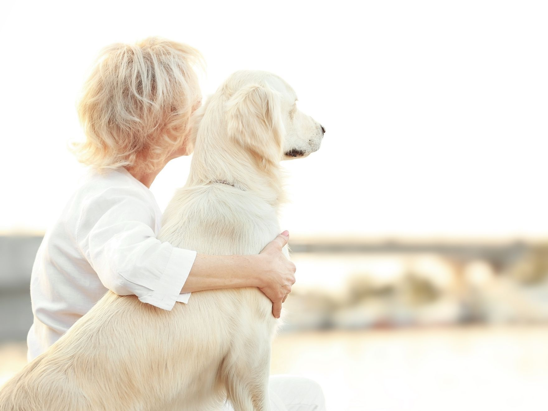 Femme avec labrador blanc sur un terrain en pente