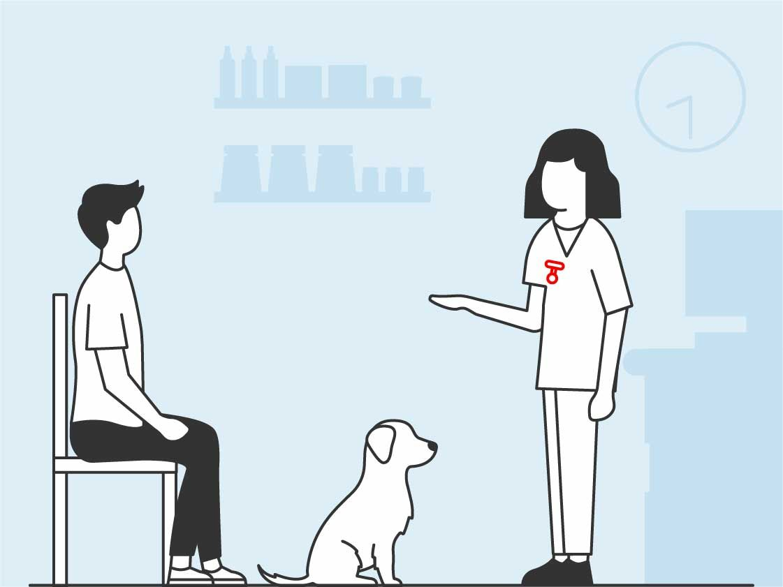 Illustration of a vet with a dog and its owner - Royal Canin