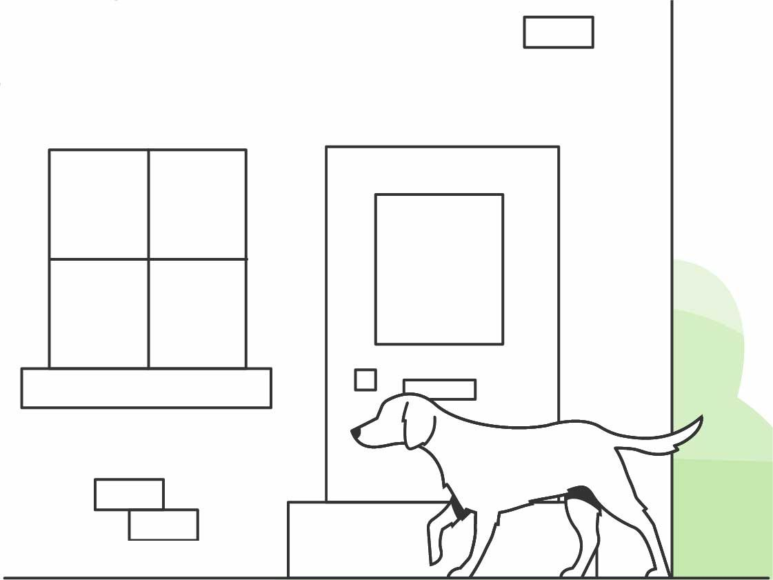 Illustration of dog walking past house