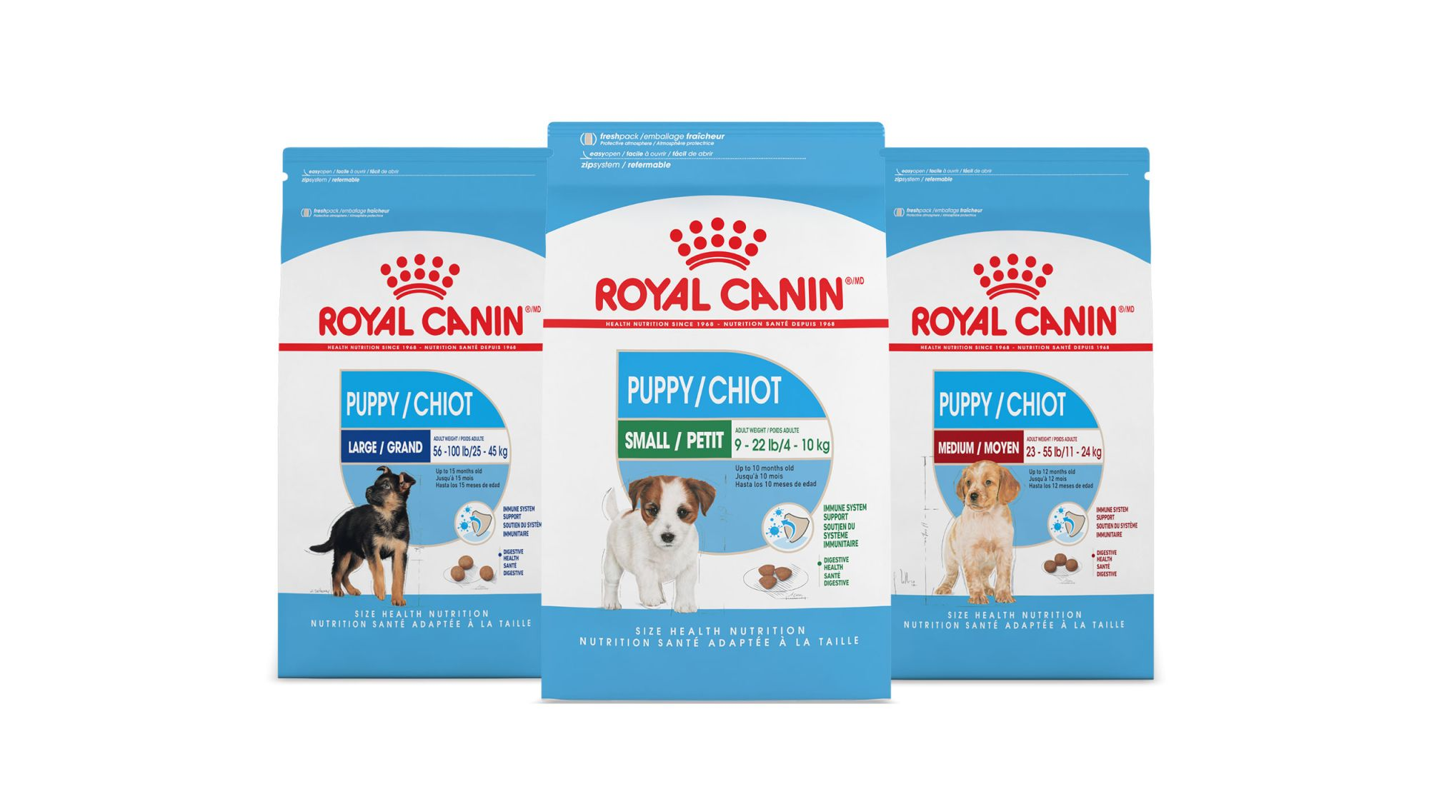 Alimento Royal Canin para cachorro de talla pequeña, mediana y grande.