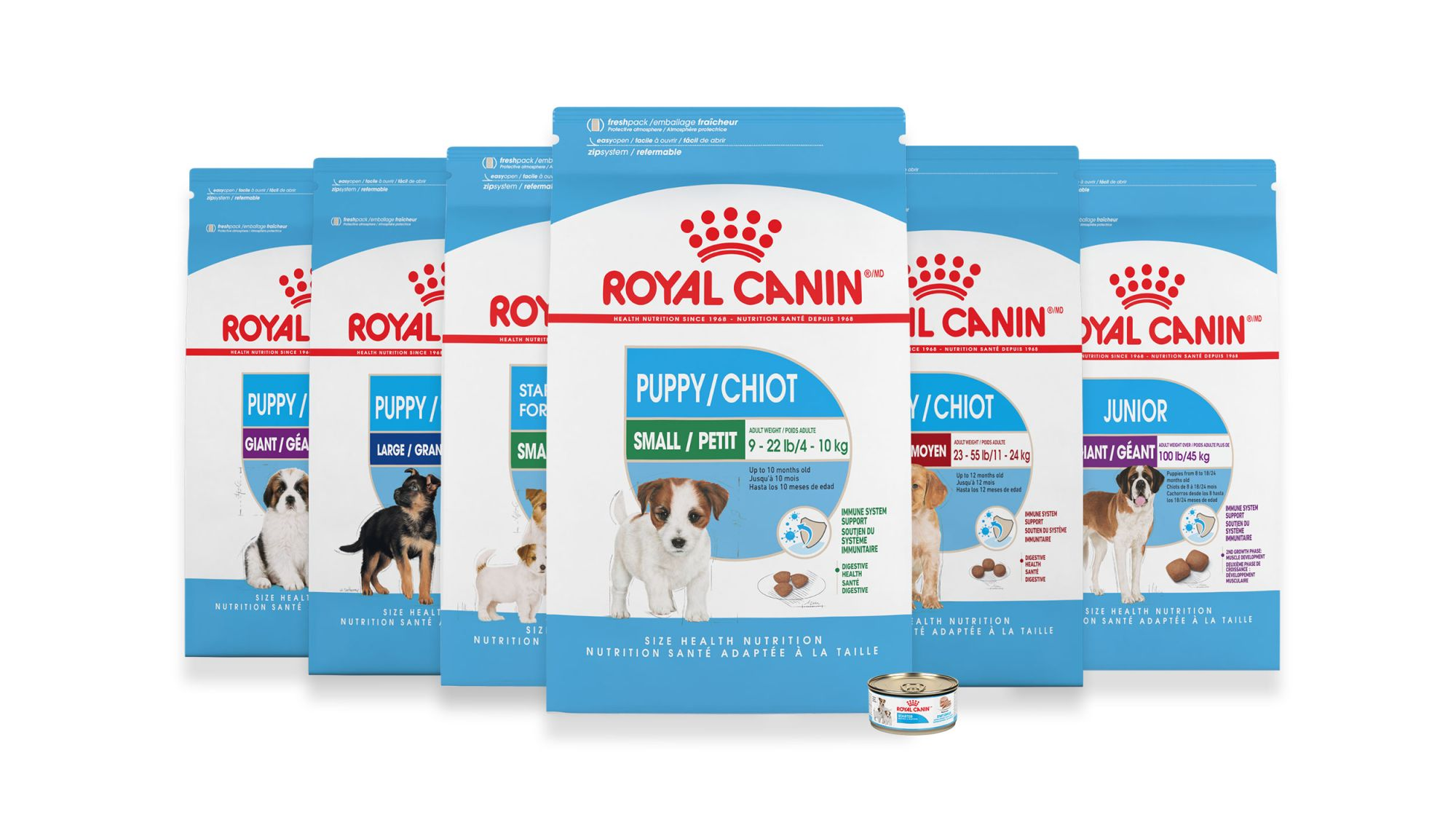 Packshot produits pour chiots en couleur sur fond blanc