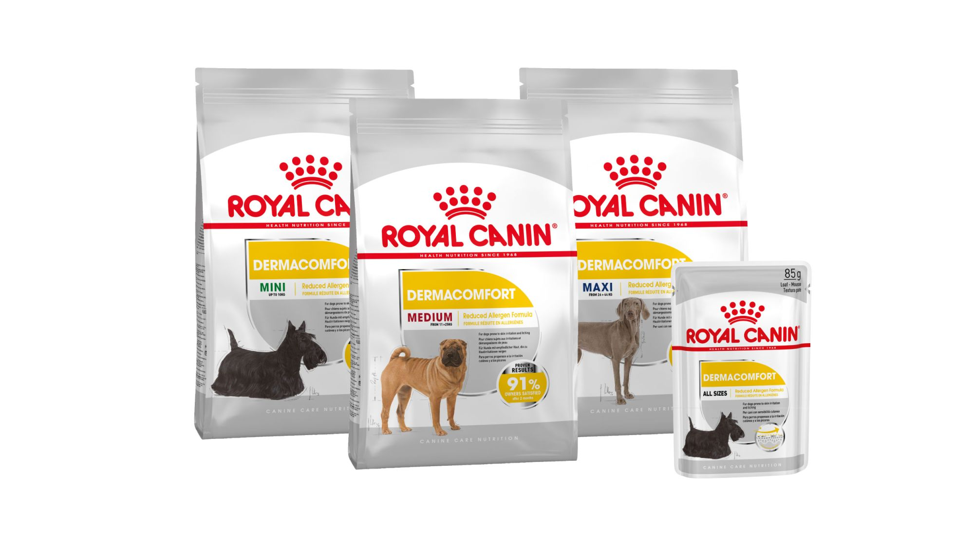 Canine care nutrition dermacomfort range pack shot