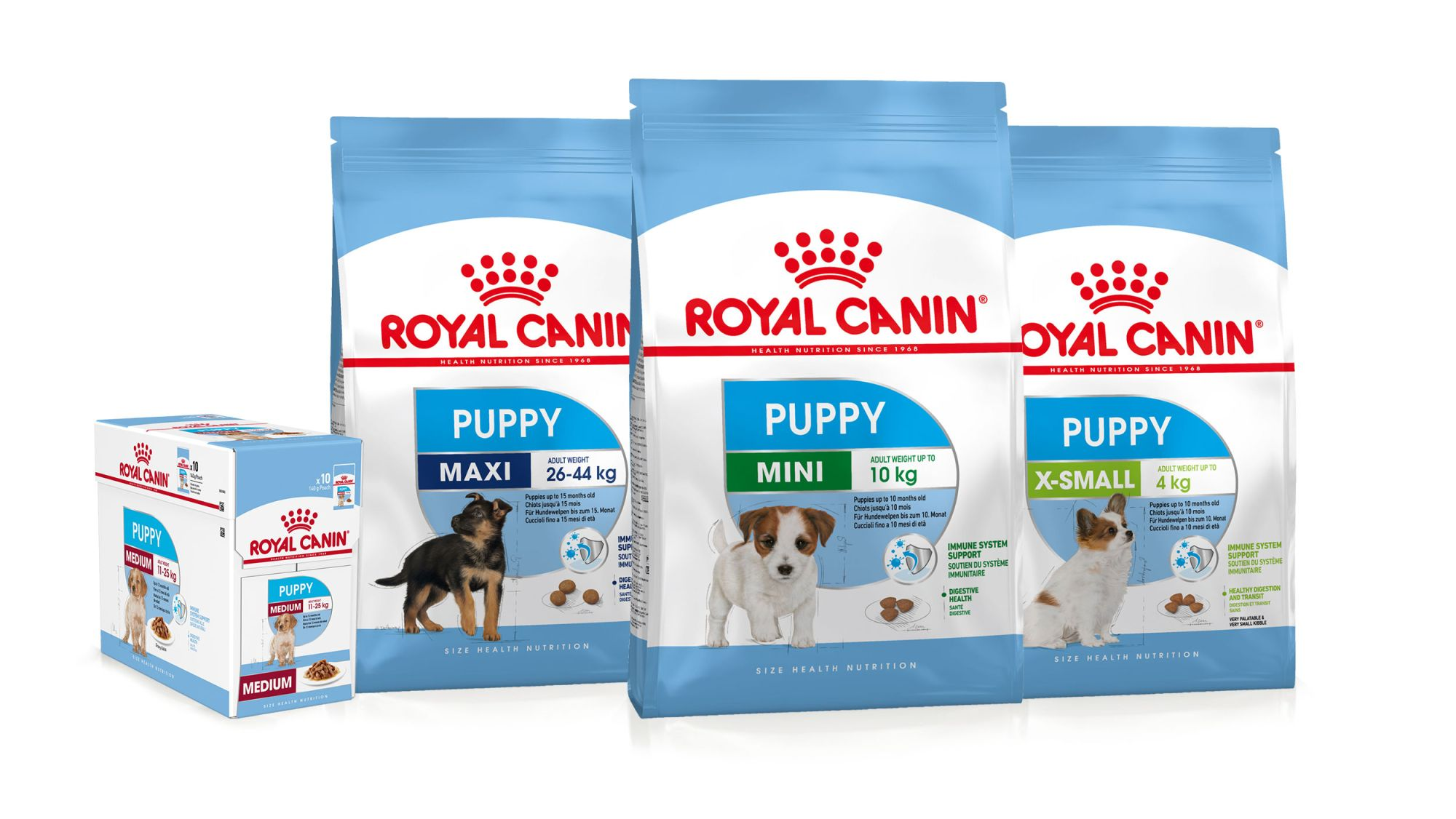 Ein Produktfoto von verschiedenen ROYAL CANIN Nahrungen für Hundewelpen
