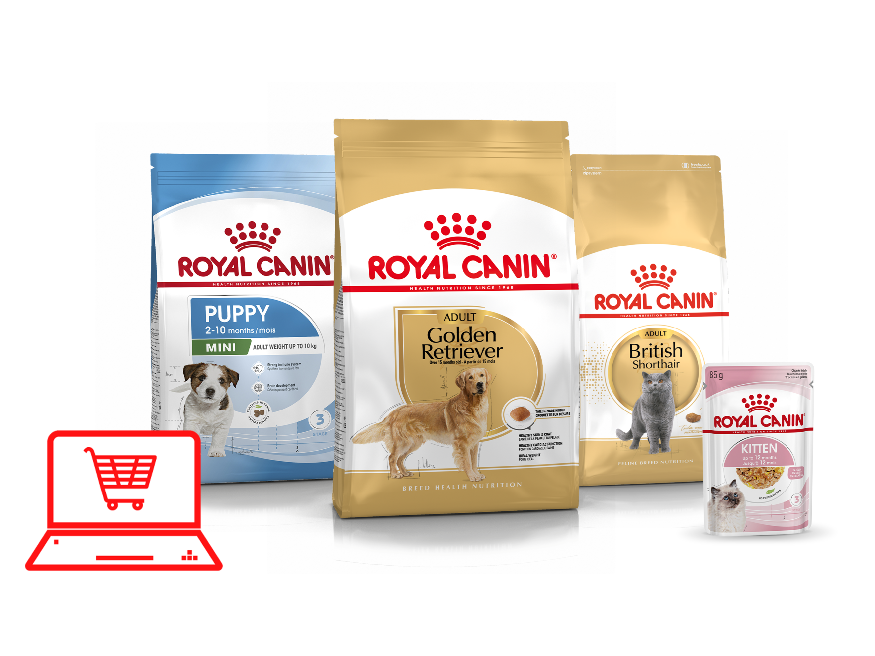 Packshots van producten te koop in de Royal Canin webshop