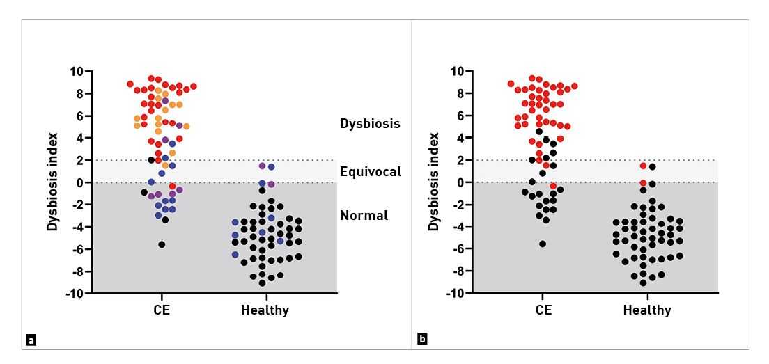 The graph shows the difference in Dysbiosis Index (DI) in a cohort of dogs with CE when compared to normal dogs 