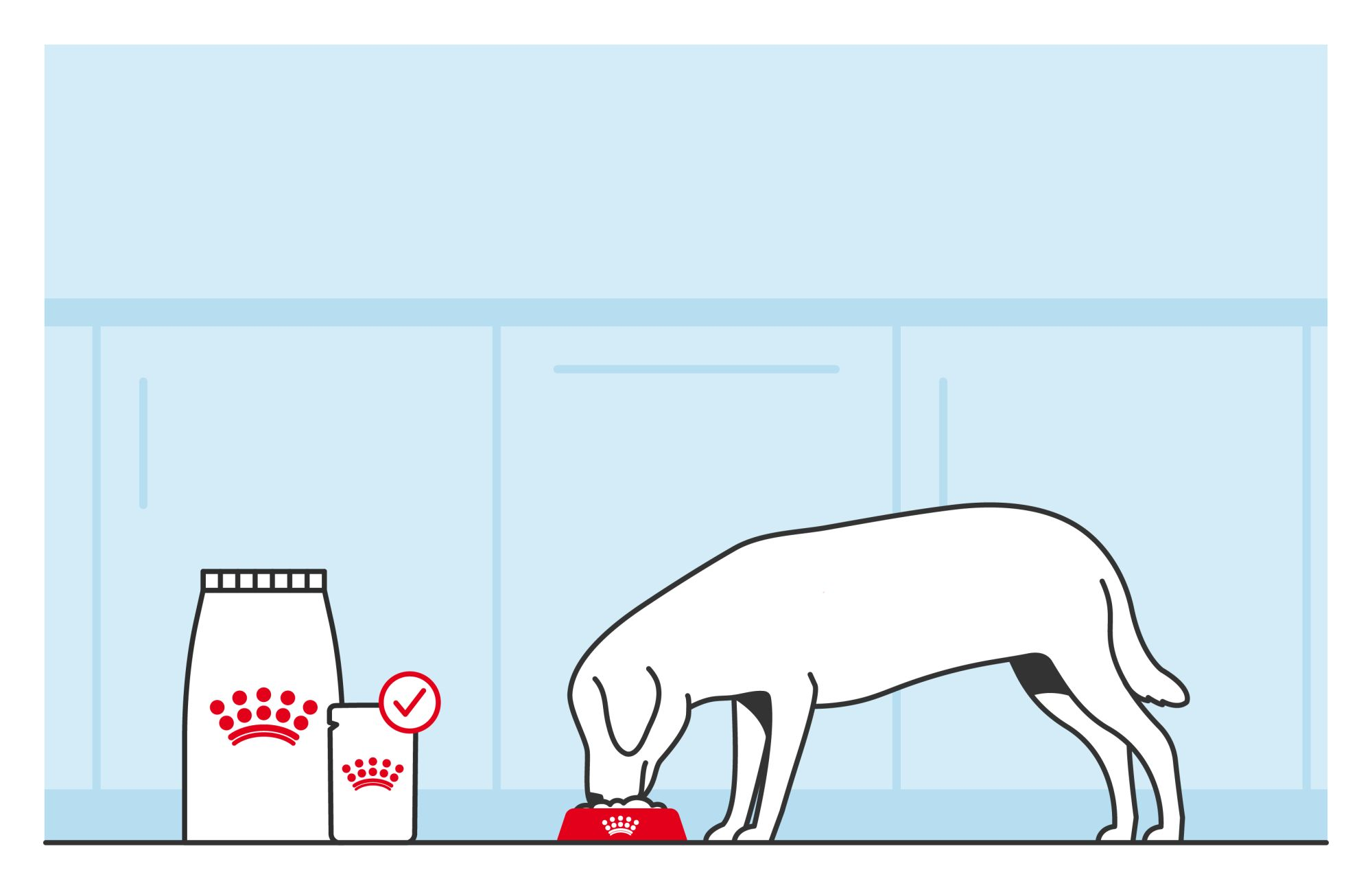 Illustration of dog eating from a red Royal Canin bowl