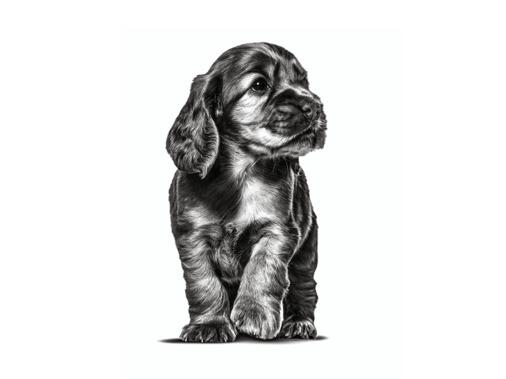 Cocker Spaniel puppy standing in black and white on a white background