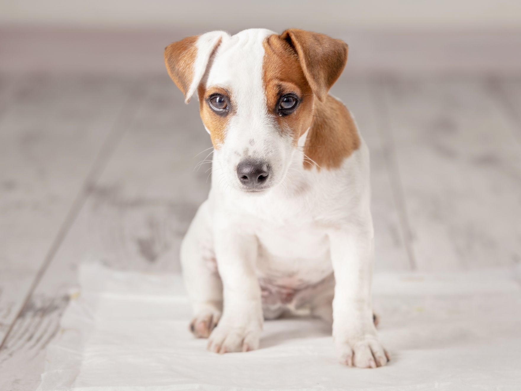Jack Russell Terrier puppy sitting indoors on a puppy house training pad
