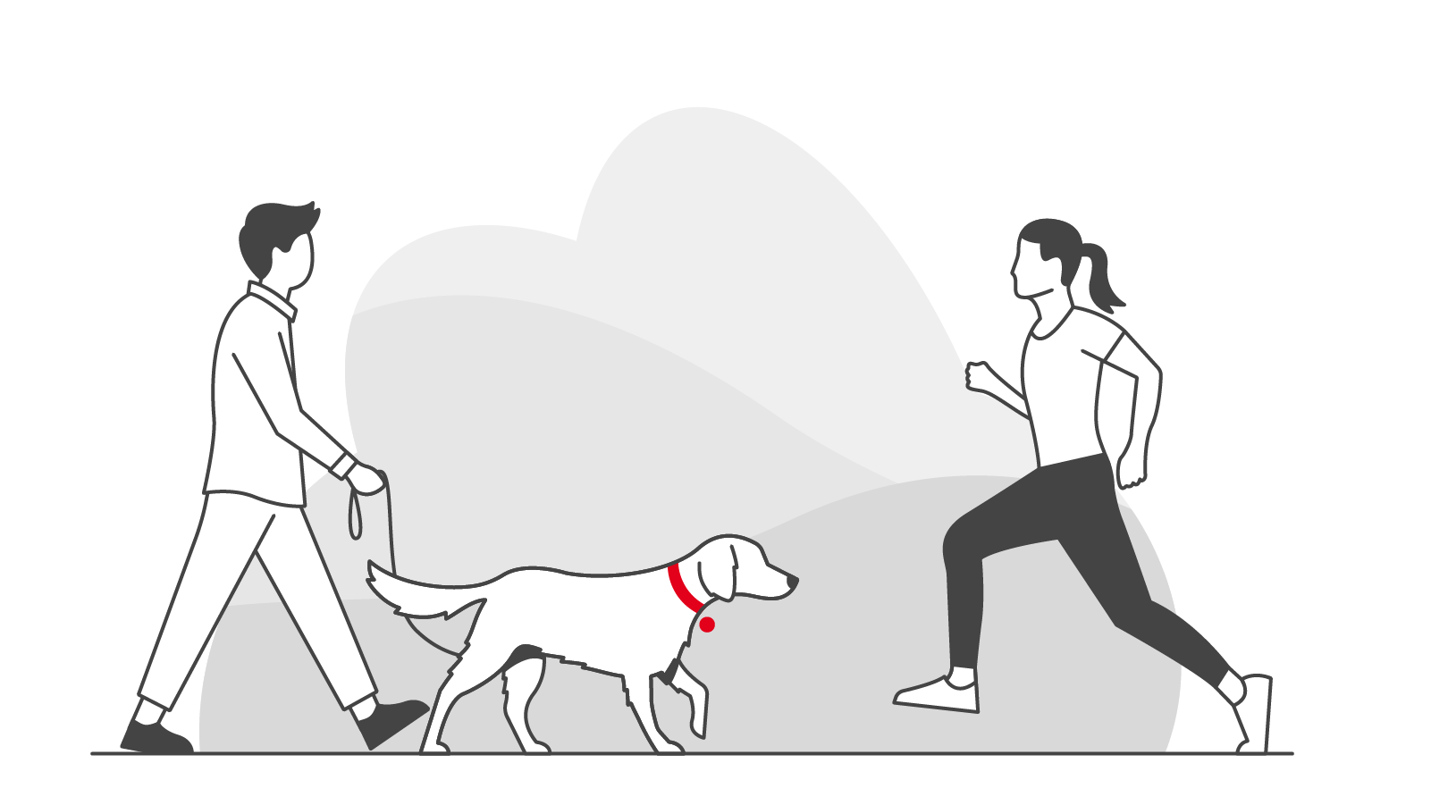 Person jogging past a dog outside illustration
